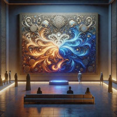 The primary subject of the image is a large, intricate painting of a bird with a blue and orange color scheme. The painting is displayed on a wall in a room with a group of people standing around it. The setting appears to be a museum or an art gallery, as the people are observing the artwork. The visual style of the image is a combination of digital art and illustration, creating a captivating and visually appealing scene. The colors and mood of the painting evoke a sense of wonder and appreciation